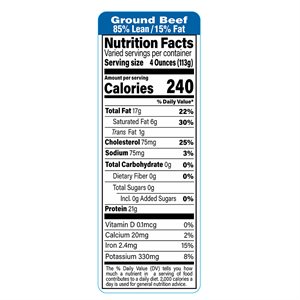 Ground Beef-85% Lean / 15% Fat Label