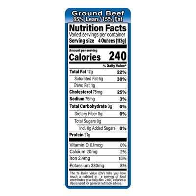 Ground Beef-85% Lean / 15% Fat Label