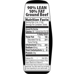 Ground Beef 90% / 10% w / nutritional Fact Label