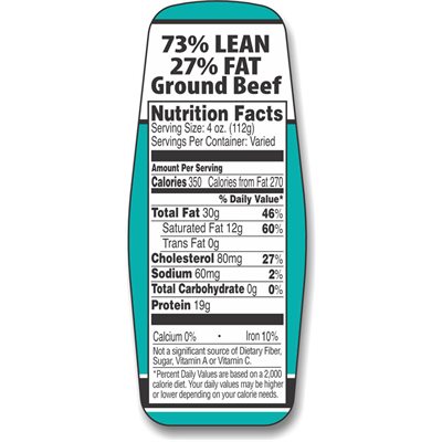 Ground Beef 73% / 27% w / nutritional Fact Label