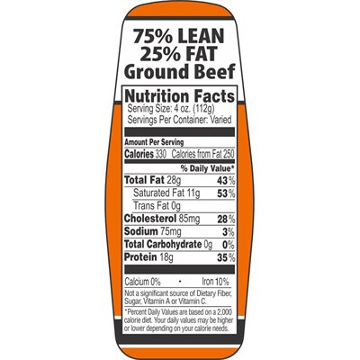 Ground Beef 75% / 25% w / nutritional Fact Label