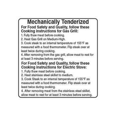 Mechanically Tenderized For Food Safety 155 F Label